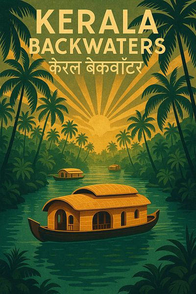 Kerala Backwaters Poster - Vintage Hausboot &amp;; Palm Trees Kunst von Travel Shop