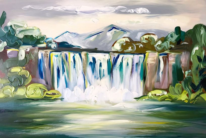 Modern waterfall and mountain landscape by Art & Soul Creations