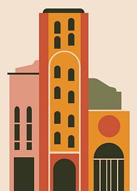 abstract geometric cityscapes featuring Mediterranean architecture, arches, and sun in warm earthy tones.