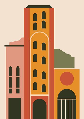 des paysages urbains géométriques abstraits mettant en scène l'architecture méditerranéenne, des arches et le soleil, dans des tons chauds et ocres.