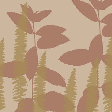 Bladeren in licht terra en oker op beige. Moderne botanische kunst. van Dina Dankers