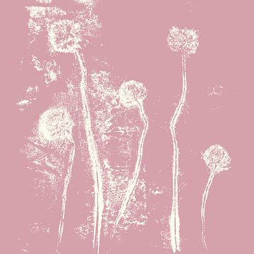 Abstracte botanische kunst. Bloemen en planten in wit op roze