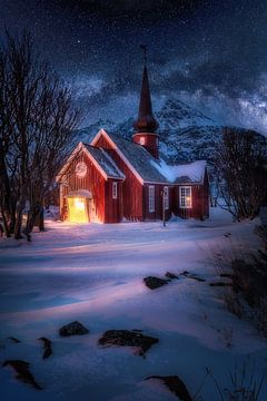 Church with snow and stars in Norway / Lofoten. by Voss Fine Art Fotografie