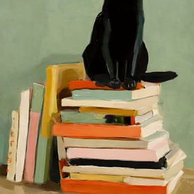 Schwarze Katze auf einem Bücherstapel von IamHome Studio