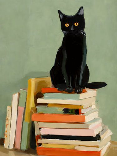 Schwarze Katze auf einem Bücherstapel