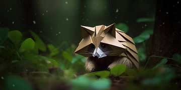Origami muur canvas: schattige wasbeer van Surreal Media