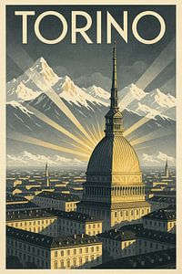 Torino Art Deco Poster - Mole Antonelliana & Alpen