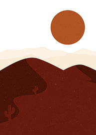 Minimalist Desert Landscape with Terracotta Sun and Cacti by Wisnu Xiao