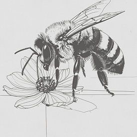 Minimal art - line drawing bee and flower 02 by Emiel de Lange