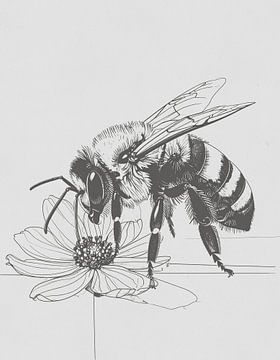 Minimal art - line drawing bee and flower 02 by Emiel de Lange