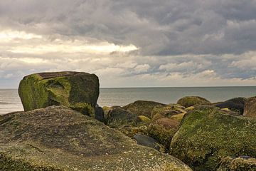 Sur la plage de Blåvand, des épis de pierre dans la mer sur Martin Köbsch