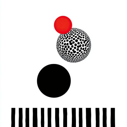 Zwevende bollen en rode bloesem – Geometrisch modernisme