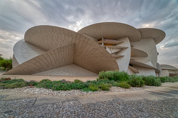 National Museum of Qatar (Desert rose) panoramic external view show the unique architecture of museu