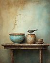 Stilleven met een vogeltje op een pot in wabi-sabi stijl van Carla Van Iersel thumbnail