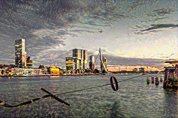 Stilvolle Malerei Rotterdam: Grober Eindruck von Maas und Skyline Rotterdam von Slimme Kunst.nl