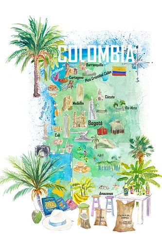 Carte de voyage illustrée de la Colombie avec les attractions touristiques et les points forts