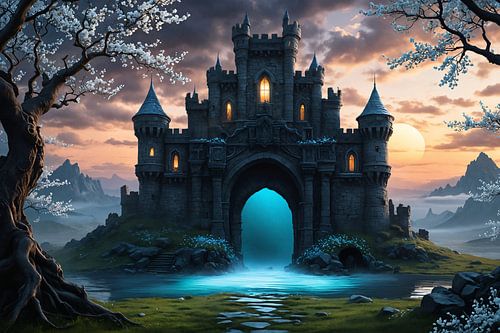 Magisch kasteel gloeiend bij zonsondergang met bloeiende bomen en rivier in fantasielandschap