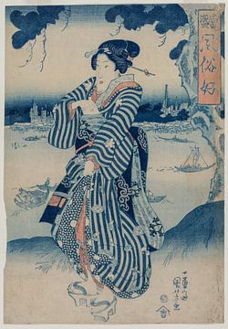 Geisha staand aan de oever van de Sumida rivier door Utagawa Kuniy