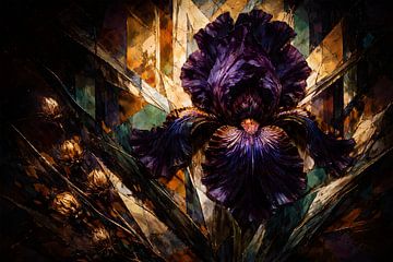 Dramatisches kubistisches Ölgemälde „Midnight Iris“ – Raffinierte Wanddekoration mit Blumenmotiv