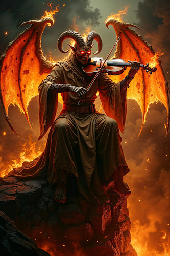 Dark Fantasy Gothic Wall Art: VYRAZKAR – A Demon Playing His Violin in Hell