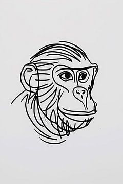 Dessin minimaliste en noir et blanc d'un singe sur De Muurdecoratie