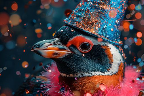 Grappige pinguïn met verjaardagshoed en confetti