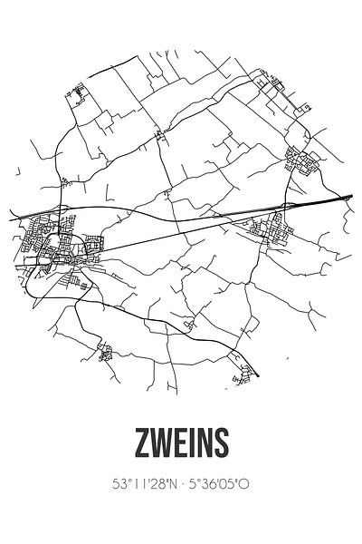 Zweins (Fryslan) | Karte | Schwarz und weiß von Ortsdrucke