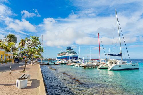 Boulevard op Bonaire met cruiseschip en boten op zee van Ben Schonewille