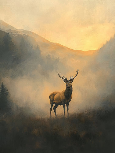 Hert in Mistig Bergdal bij Gouden Ochtendlicht