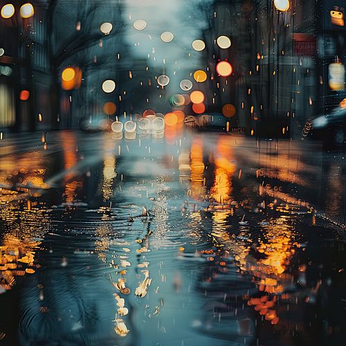 Impression d'une rue de ville pluvieuse sur Vlindertuin-Art