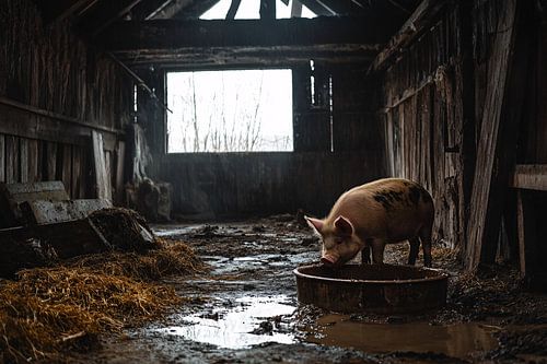 Cochon solitaire dans une vieille grange