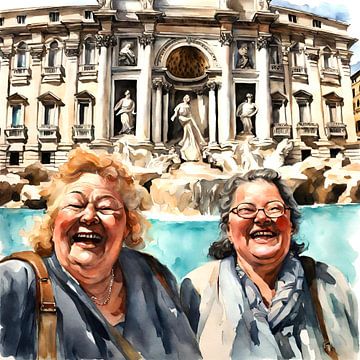 2 dames sociables à la fontaine de Trevi sur De gezellige Dames