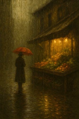 Man op de markt – Oude Meester Stijl Schilderij met Rood Paraplu