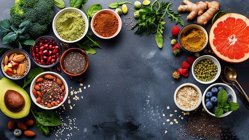 Gezond eten clean eating selectie: fruit, groente, zaden, superfood, granen, bladgroente op grijze kopieerruimte