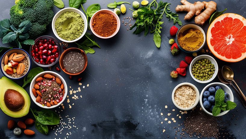 Healthy food clean eating selection: fruit, vegetable, seeds, superfood, cereals, leaf vegetable on grey copy space by de-nue-pic