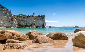 Uitzicht Stingray Bay, Coromandel, Nieuw Zeeland van Troy Wegman