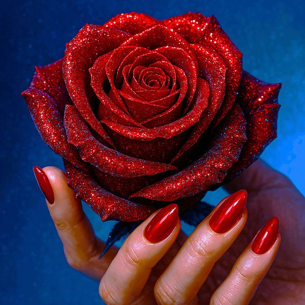 Glitzernde Rote Rose mit Passenden Nägeln von A.D. Digital ART