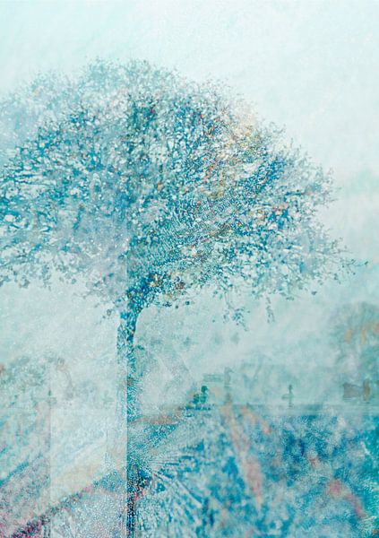 Tempera - Composition d'image de style Fresque d'arbre abstrait bleu-vert sur John Quendag