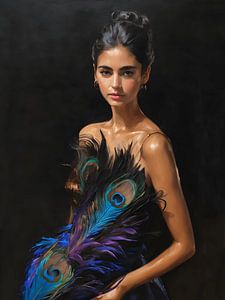 Een portret van een vrouw met een veren jurk van Jolique Arte