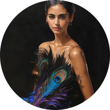 Een portret van een vrouw met een veren jurk van Jolique Arte