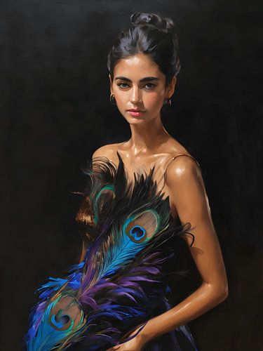 Een portret van een vrouw met een veren jurk
