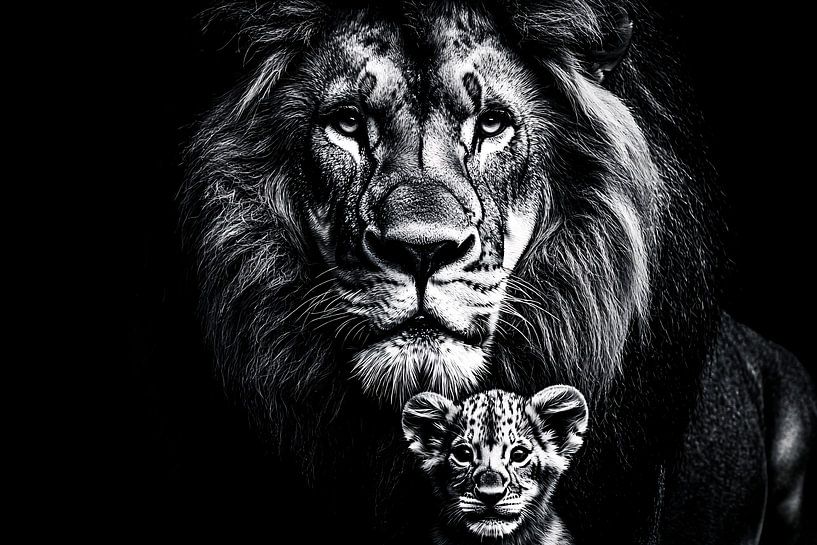 Leeuw en Welp in Zwart-Wit van Art & Soul Creations