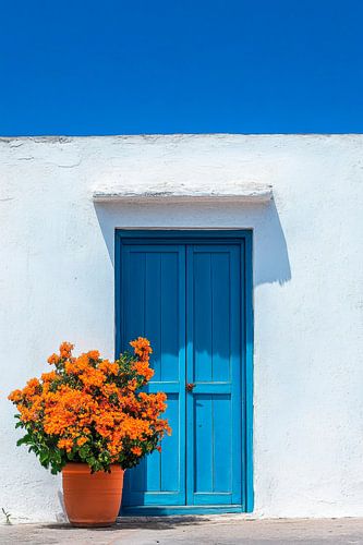 Blauwe deur bloempot