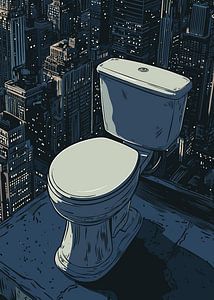 Toilette auf Hochhausdach mit nächtlicher Skyline
