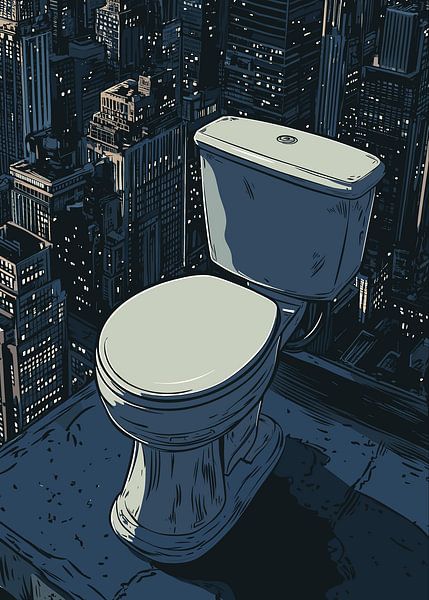 Toilette auf Hochhausdach mit nächtlicher Skyline von Pixelbull Design