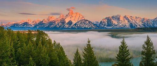 Zonsopkomst panorama van de Snake River Overlook in Grand Teton N.P in Wyoming