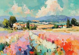 Paysage méditerranéen avec un champ de fleurs multicolores