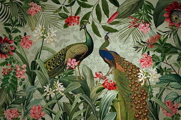 Blauwe Pauwen Vintage Tropisch Regenwoud Jungle van Floral Abstractions