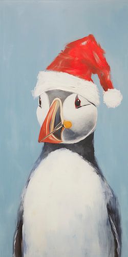 Puffin wearing a Santa hat