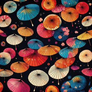 Illustration von bunten japanischen Regenschirmen auf Schwarz